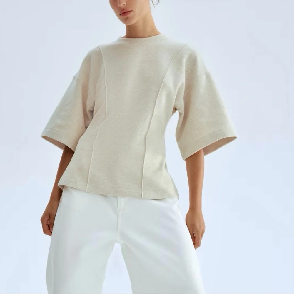 H&M 2 piece matching lounge SET cinched Cream Structured Knit Top & pants